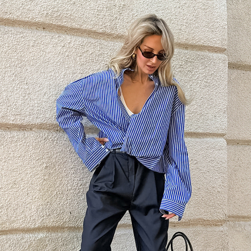 French Style Blue Striped Polyester Shirt with Button Detail