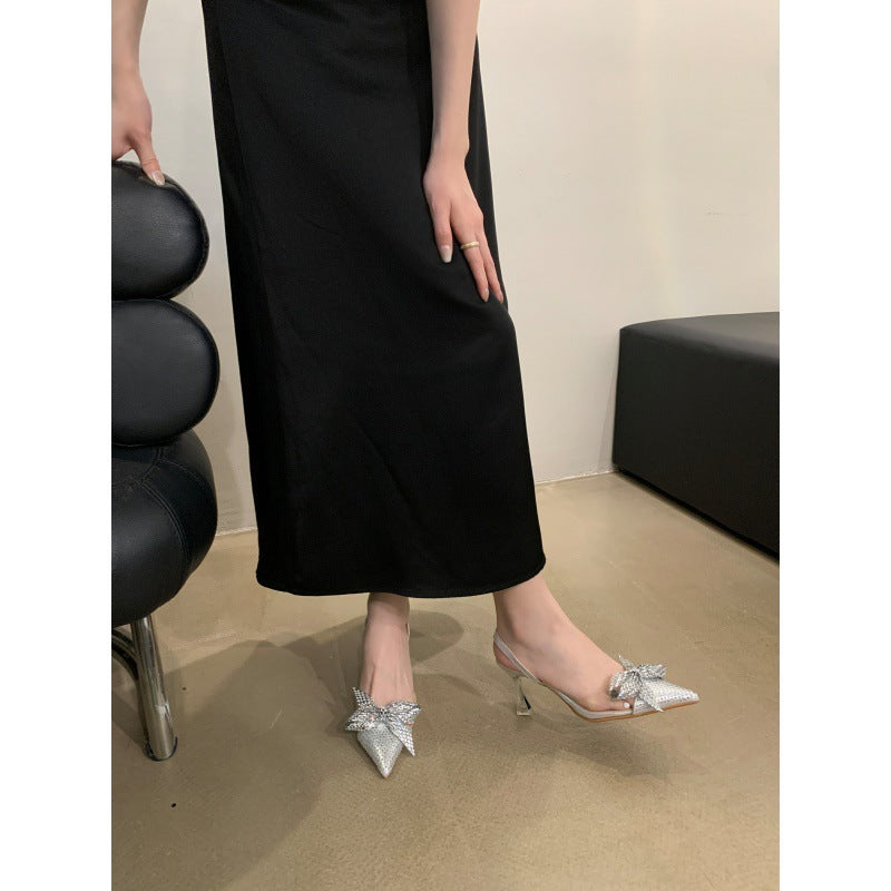 Pointed Toe Satin Bow Stiletto High Heels in Silver & Black