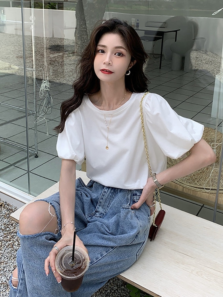 T-shirt blanc à manches courtes et manches bouffantes, haut chic d'été, taille unique pour femme