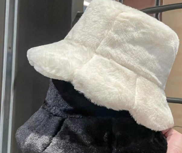 New Faux Rabbit Fur Ruffled Bucket Hat Women's