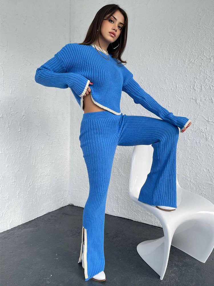 Lazy Color Contrast Women's Knitted Sweater Suit