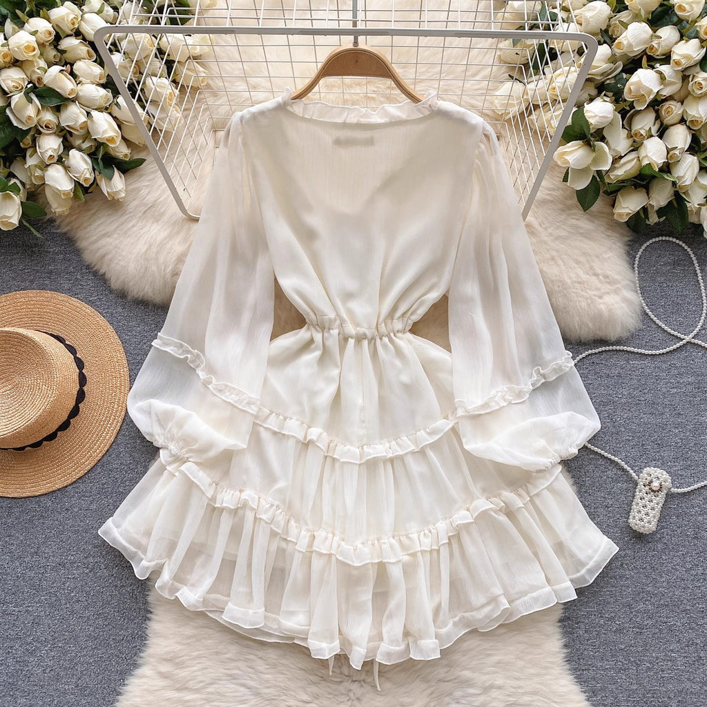 V-Neck Lace-Up High Waist Slimming Puff Sleeve Dress in Apricot