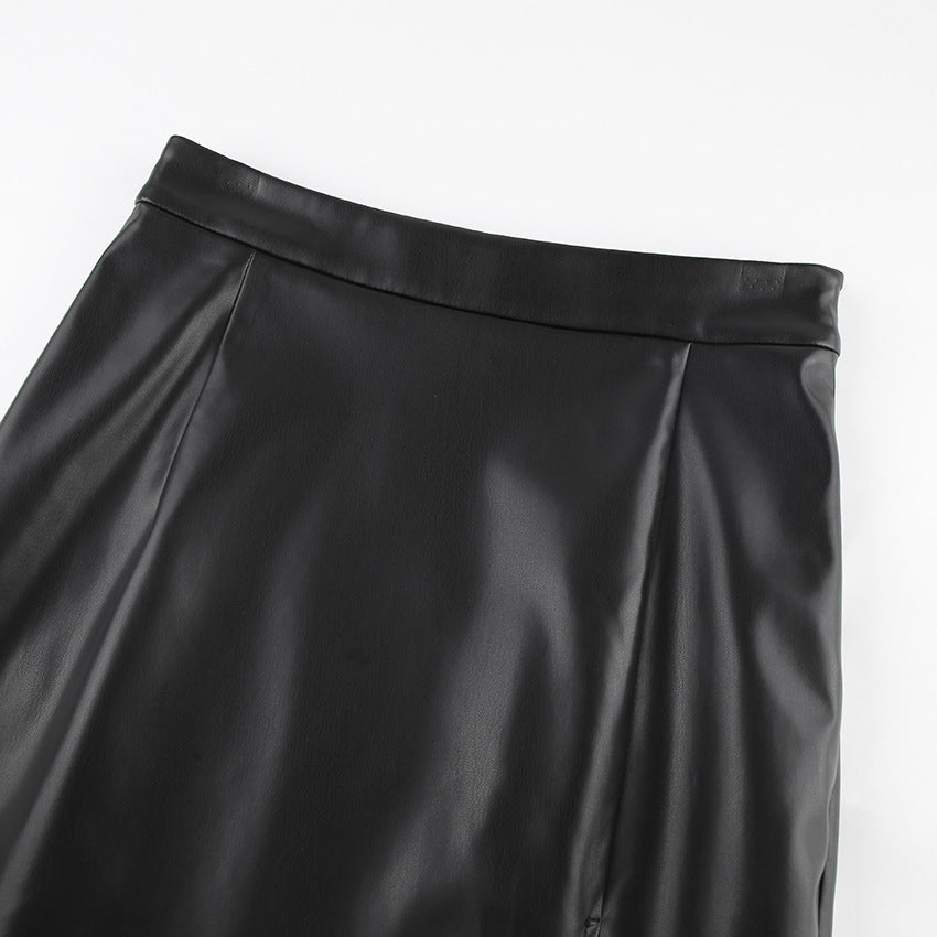 Black PU Leather High Waist Mid-Length Slit Skirt