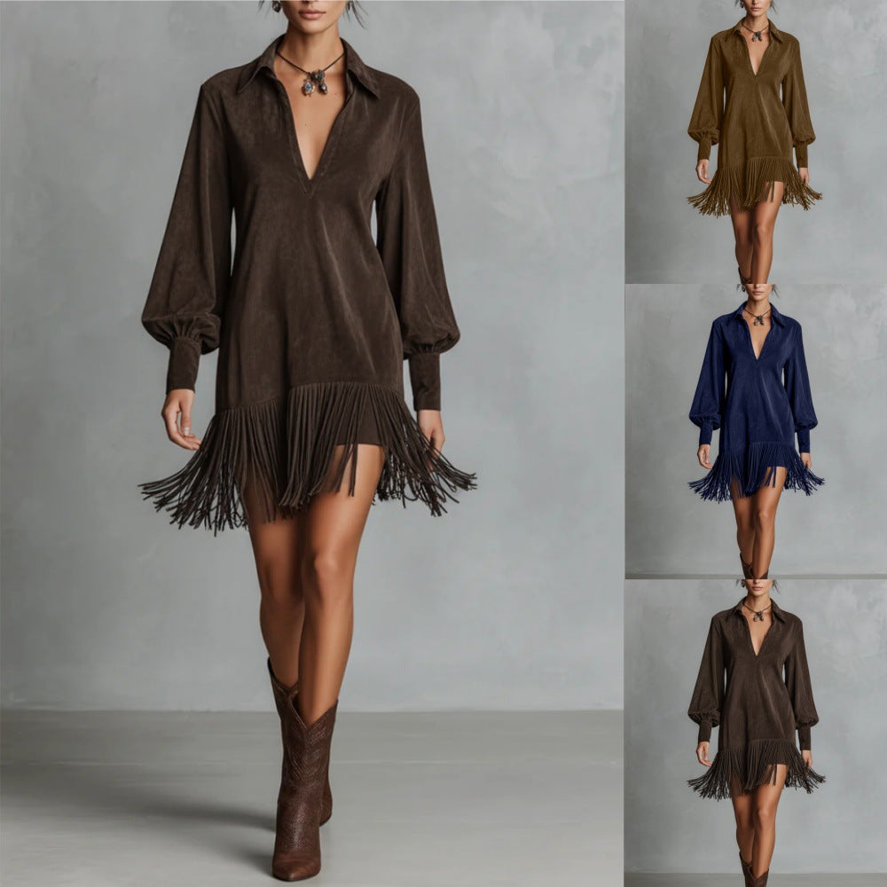 Denim Faux Suede Mid-Length V-Neck Dress with Flared Hem and Fringe