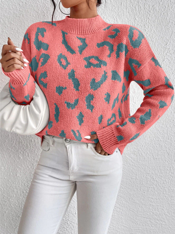 Haut pull jacquard imprimé léopard printemps et automne