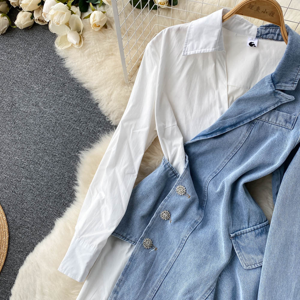 Irregular Stitching Denim Dress with Long Sleeves
