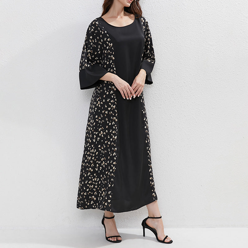 Robe Femme Grande Taille Noire Imprimée à Ceinture en Polyester