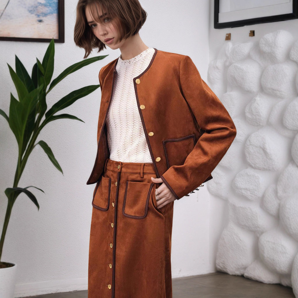 Long-Sleeve Color-Block Trim Short Coat - Slim Fit, Red-Brown
