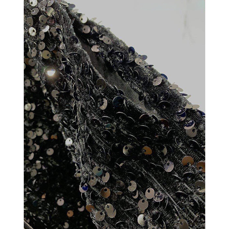 Short Hot Noir à Sequins Taille Haute Jambe Large en Polyester