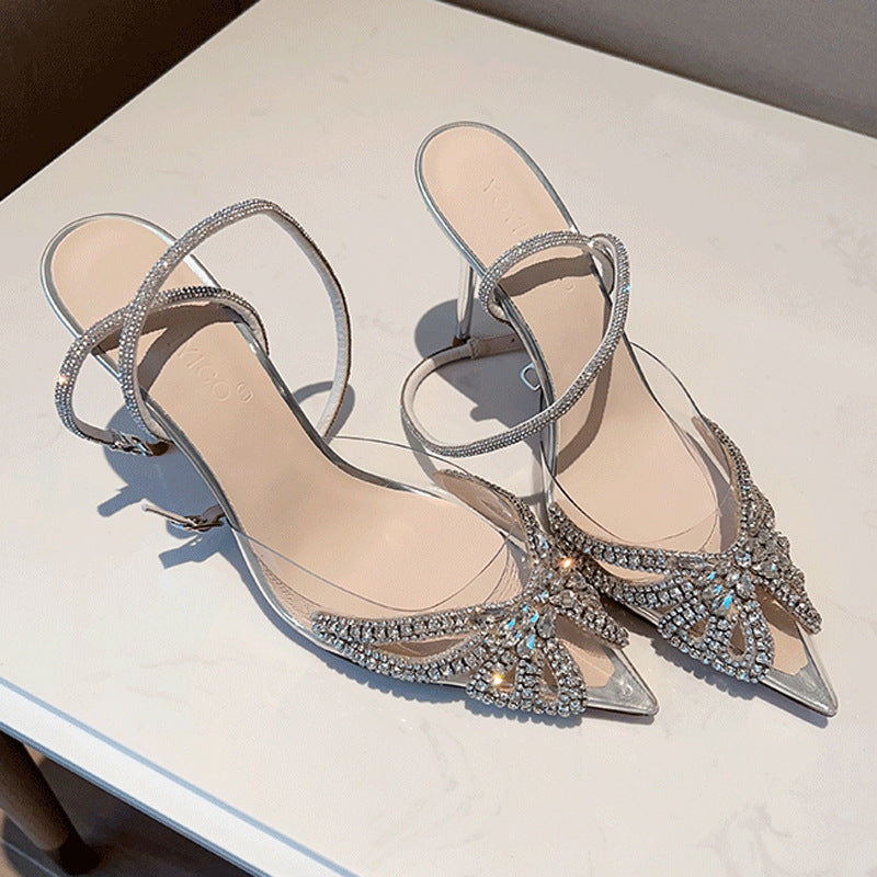 Sandales à talons aiguilles papillon en strass argentées pour femme pour robe de soirée