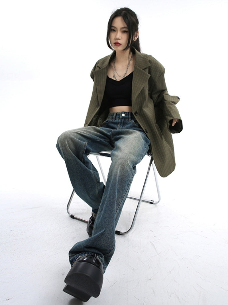 High Waist Retro Blue Wide Leg Denim Jeans Loose Fit Straight Tube Pants