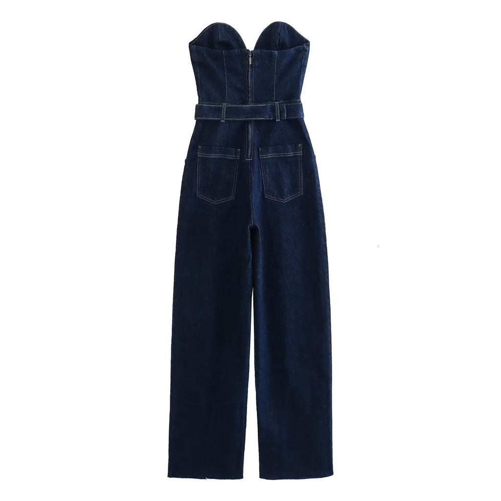 European & American Style Sleeveless Denim Jumpsuit with Belt for Women