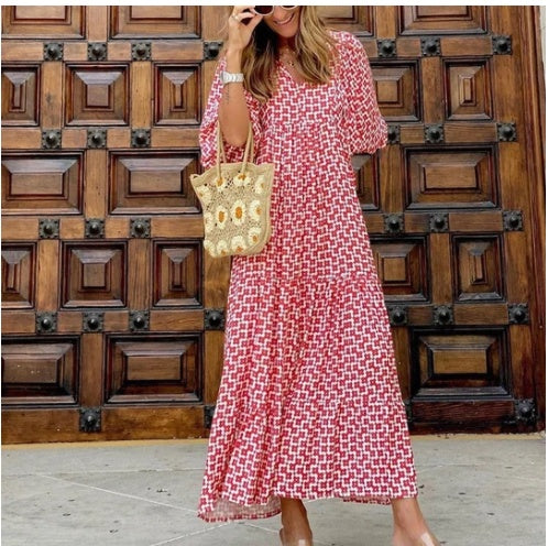 Summer Women's Vintage Bohemian Printed V-Neck Loose Long Dress Polyester