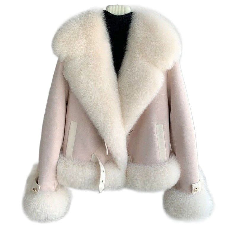 Manteau de fourrure rose abricot kaki pour femme avec manches volantées