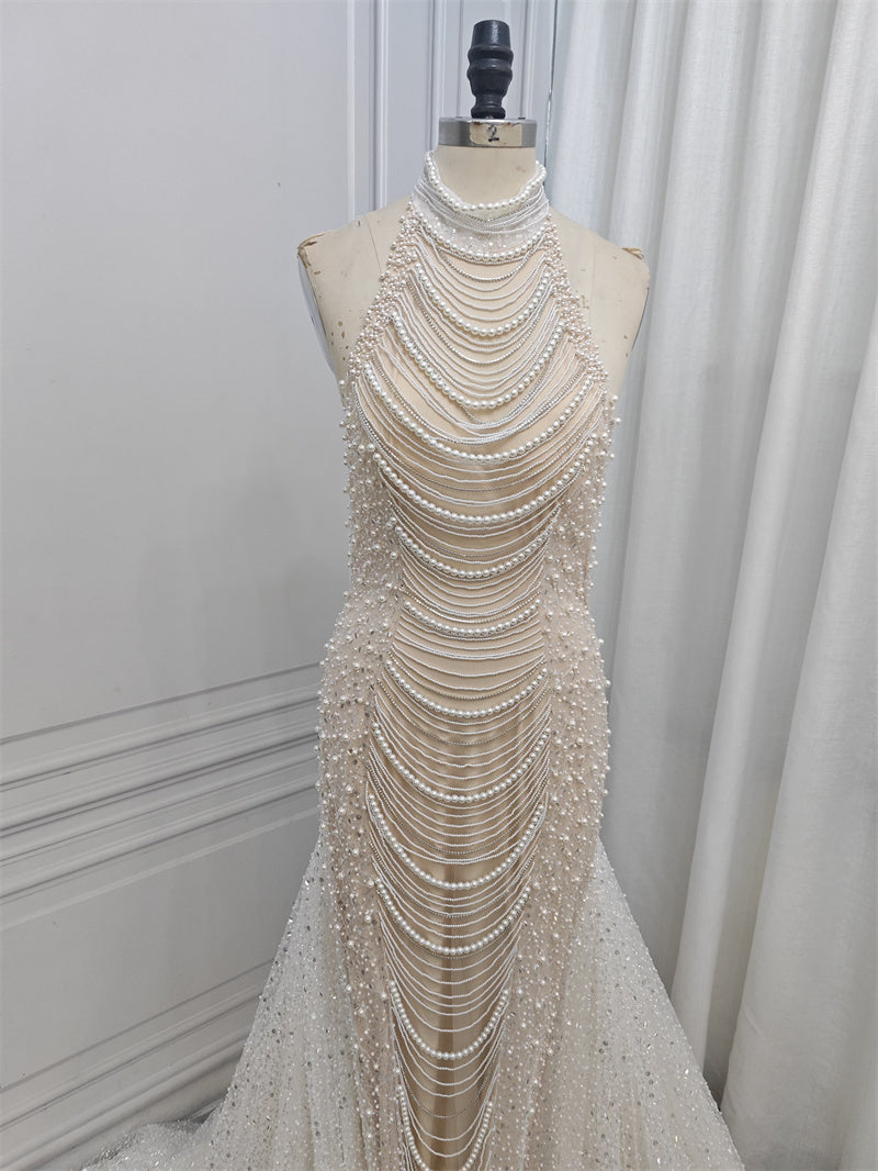 High-Waisted Milky White Fishtail Dress with Pearl Beads for Ladies