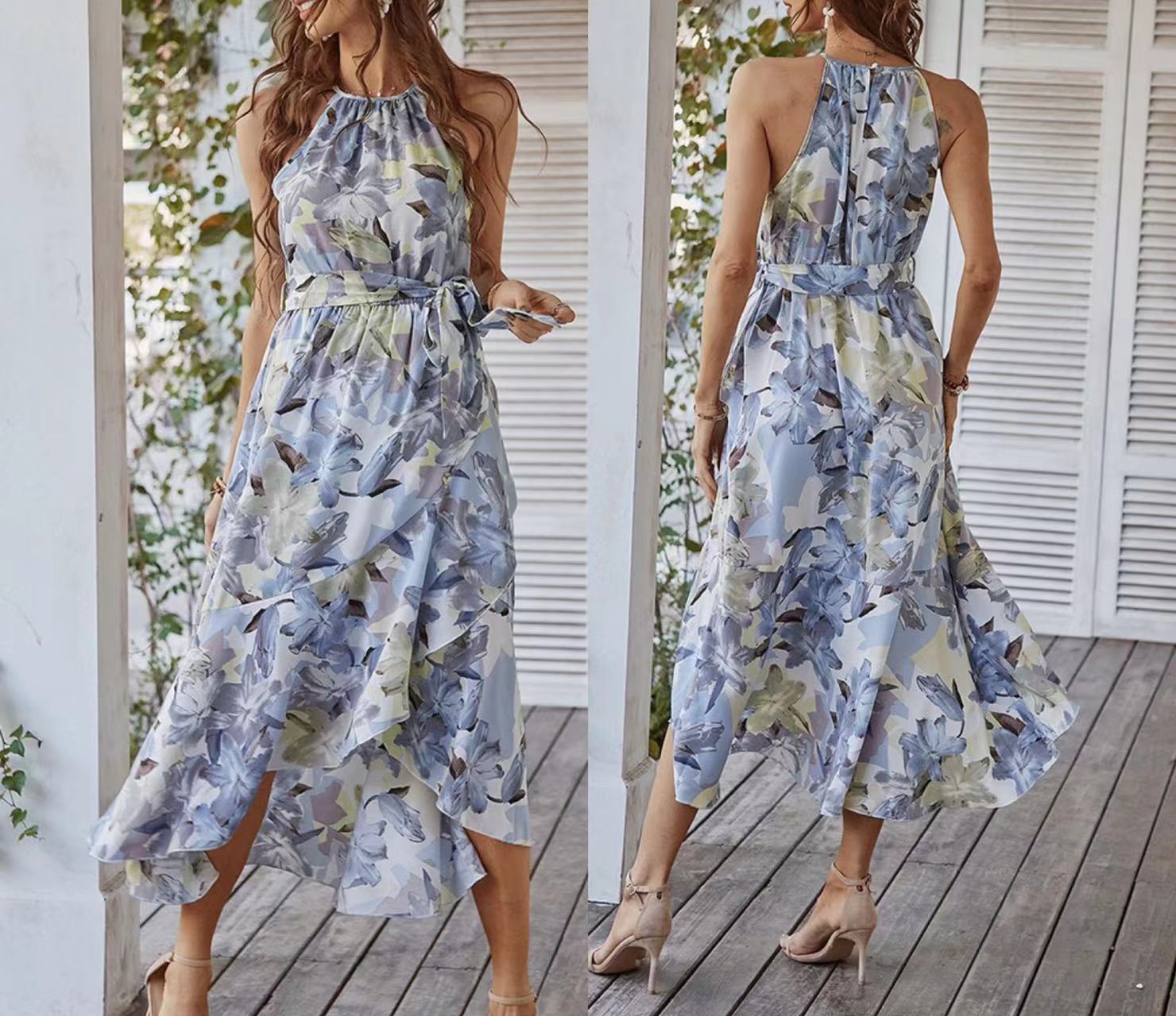 Fashion Print Halterneck Boho Dress for Vacation Leisure