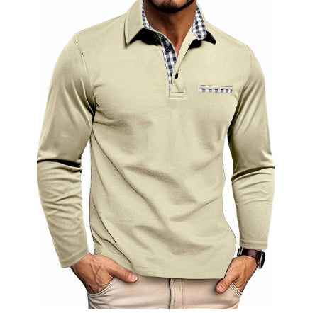 قميص بولو رجالي عصري بأكمام طويلة ونقشة مربعات، بتصميم كلاسيكي أنيق ولون موحد.