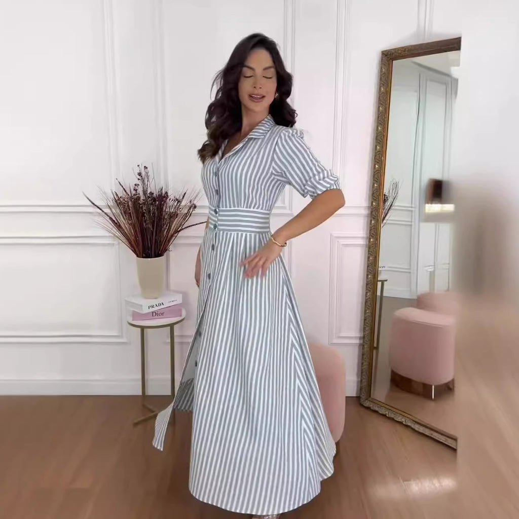 Élégante chemise longue rayée de style européen et américain avec une touche de tempérament