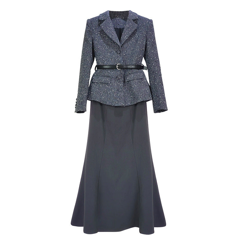 Waist-Tight Lapel Patchwork Two-Piece Dress Set