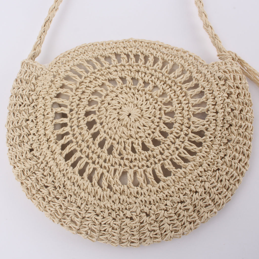 Sac bandoulière rond tressé en paille avec pompon, crocheté à la main pour femme, 26x23cm