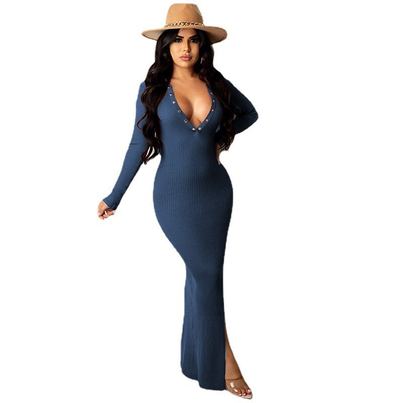 Backless Lapel Dress with Long Sleeves and Slit Midi Skirt