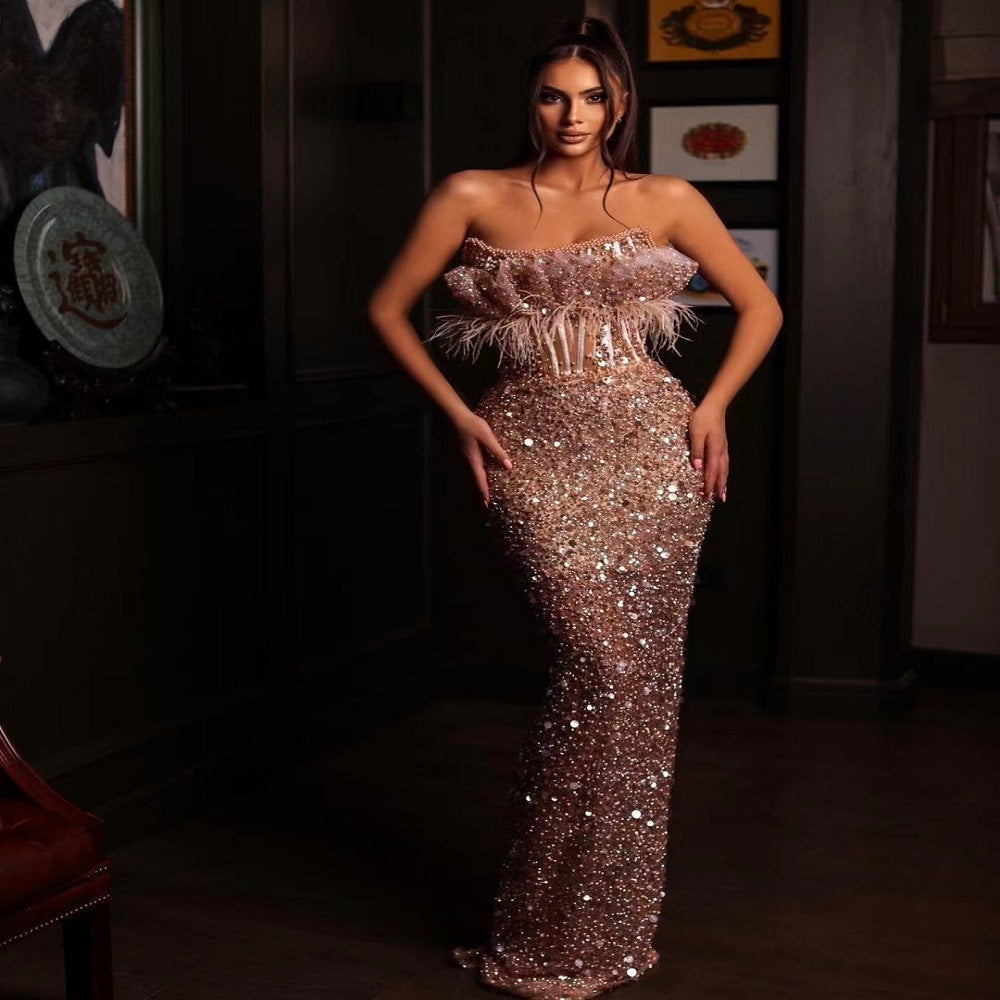 Robe bustier en polyester à sequins roses taille mi-haute pour femme