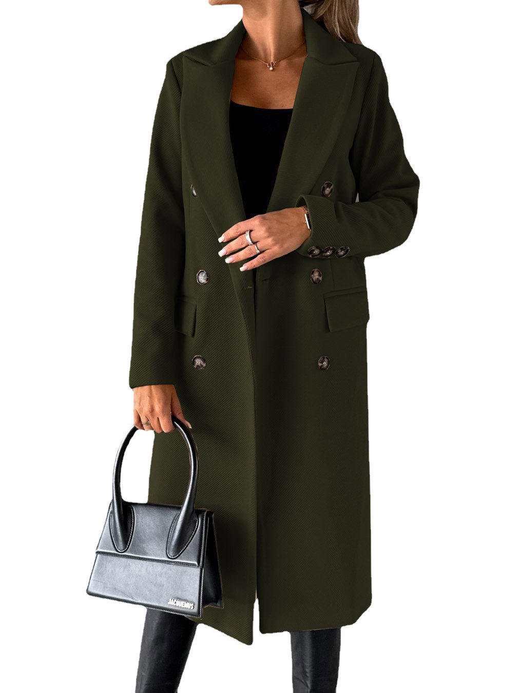 Manteau long d'hiver ajusté à revers double boutonnage pour femme