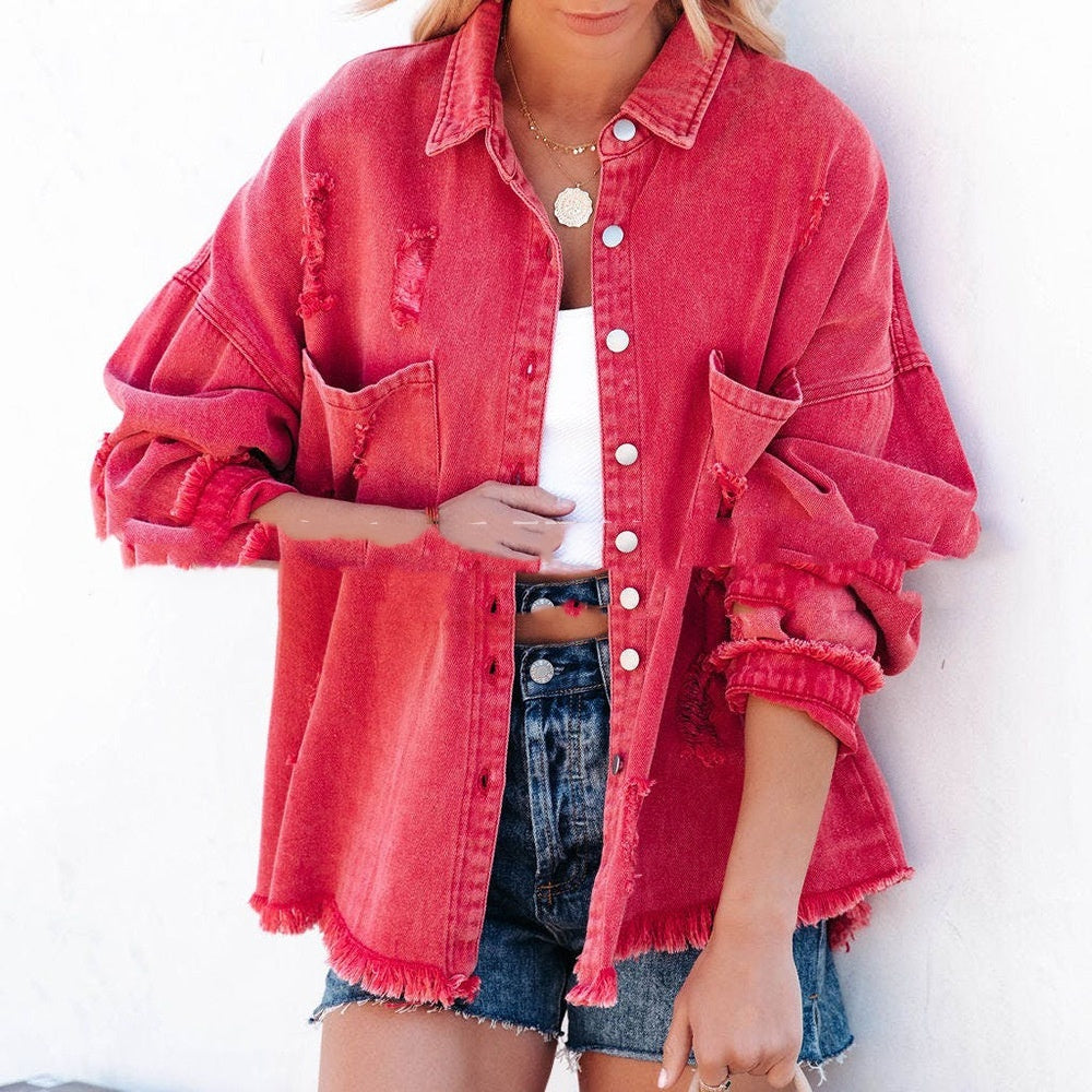 Veste en jean mi-longue déchirée à ourlet brut pour femme