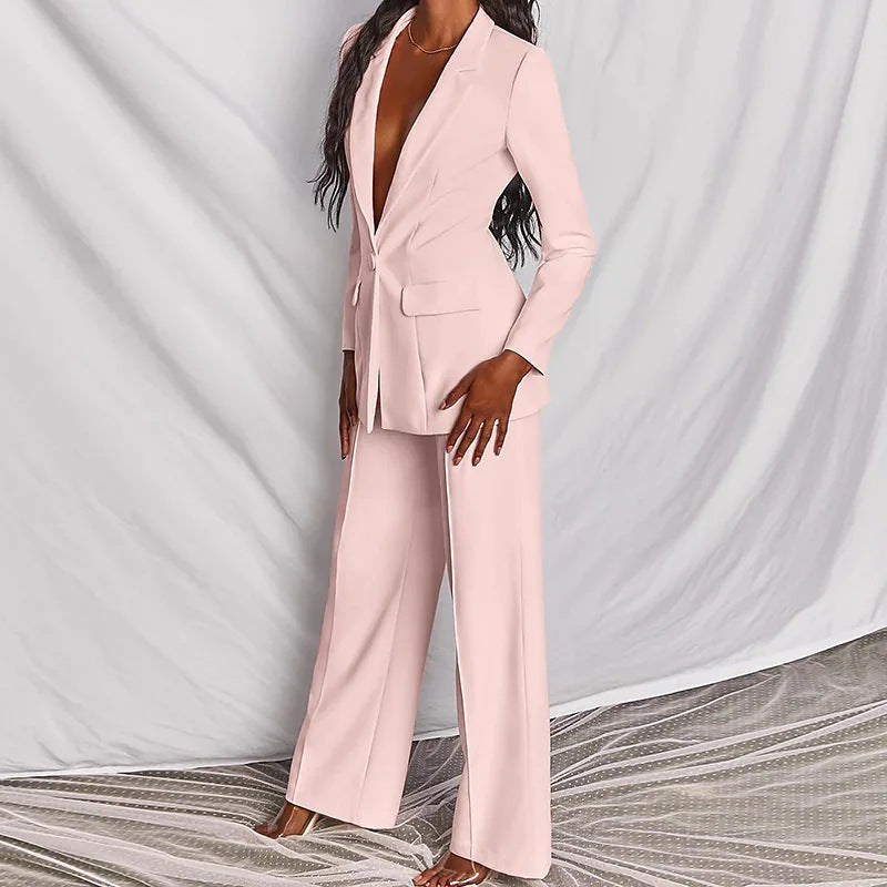 Ensemble blazer décontracté à revers et boutons et pantalon droit pour femme (2 pièces)