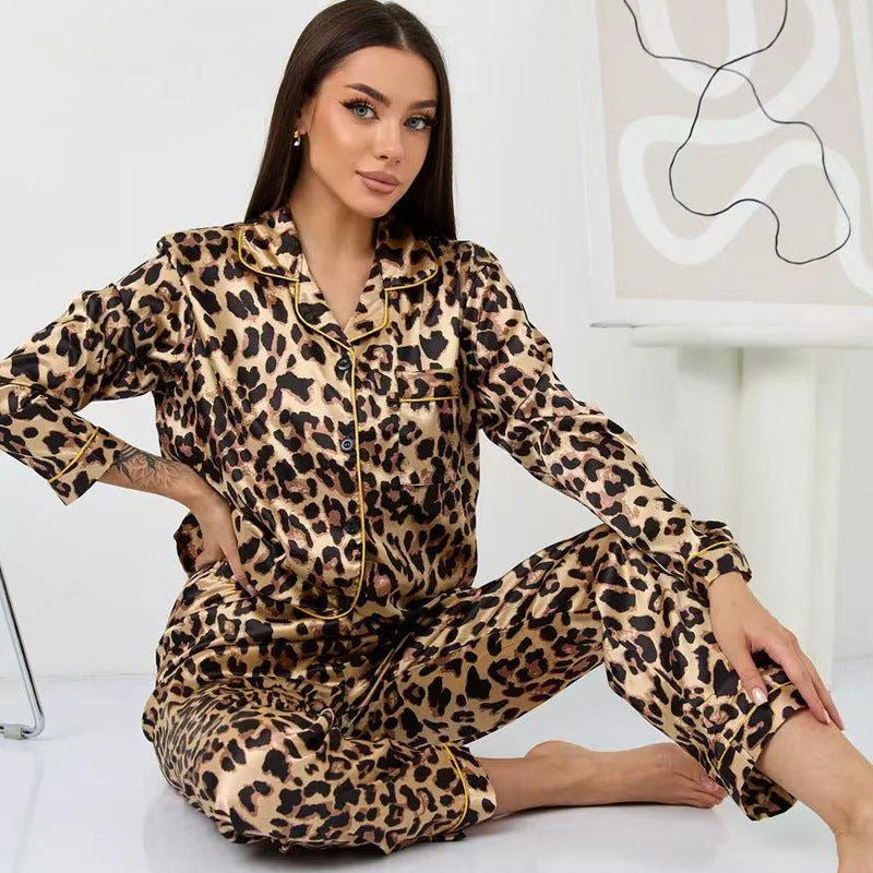 Leopard Print Ice Silk Pajamas with Faux Silk, Long Sleeve, Multiple Sizes