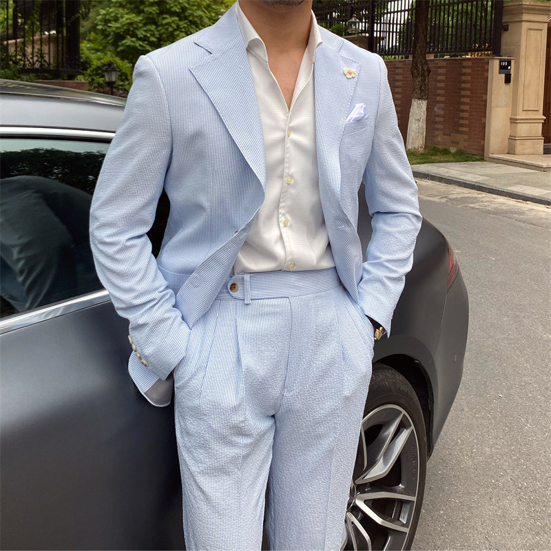 Costume pour homme en seersucker fin rayé bleu