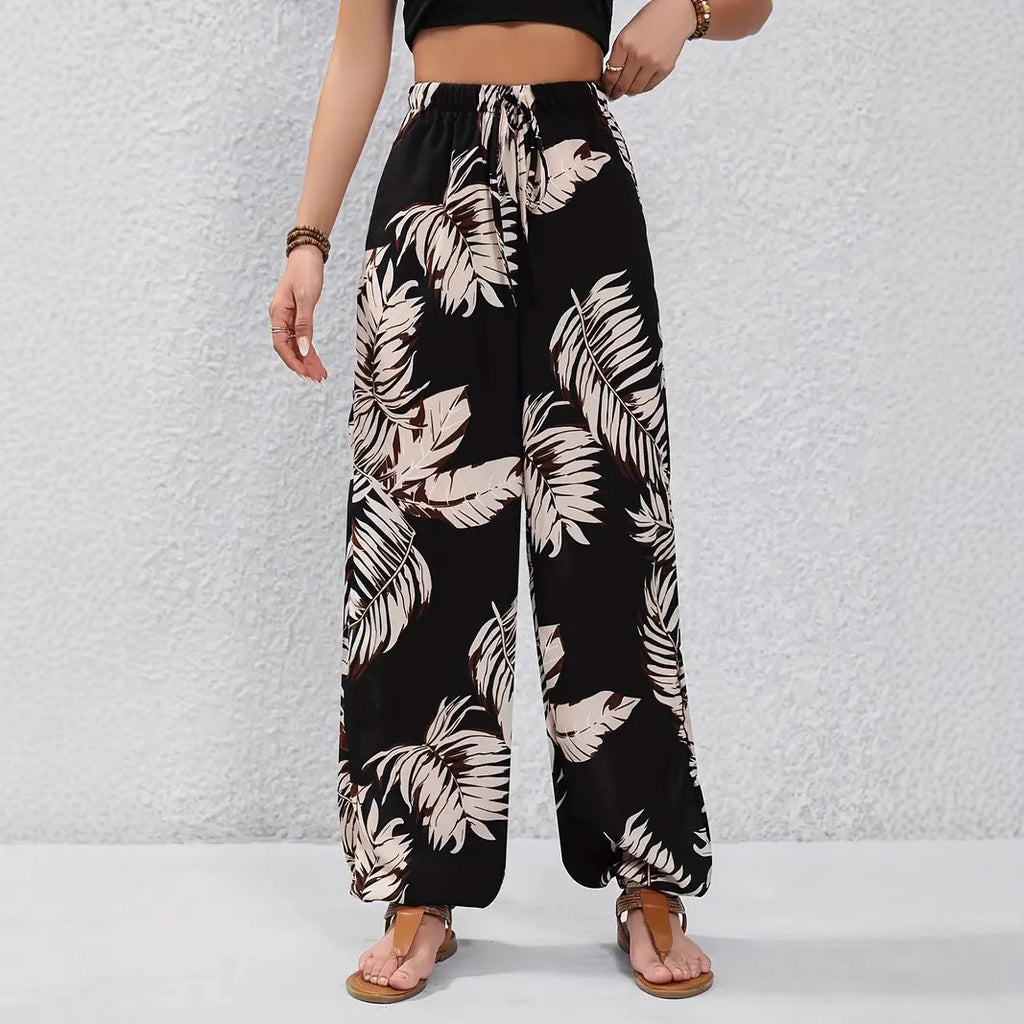 Leaf Pattern Waist Thin Belt Casual Black Polyester Trousers