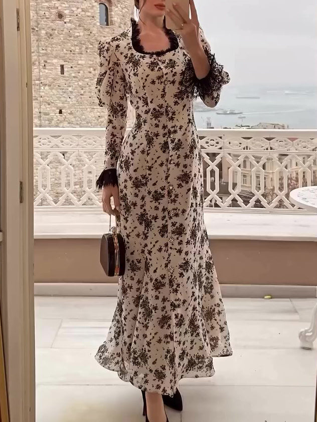 Elegant Print Lace Button Dress