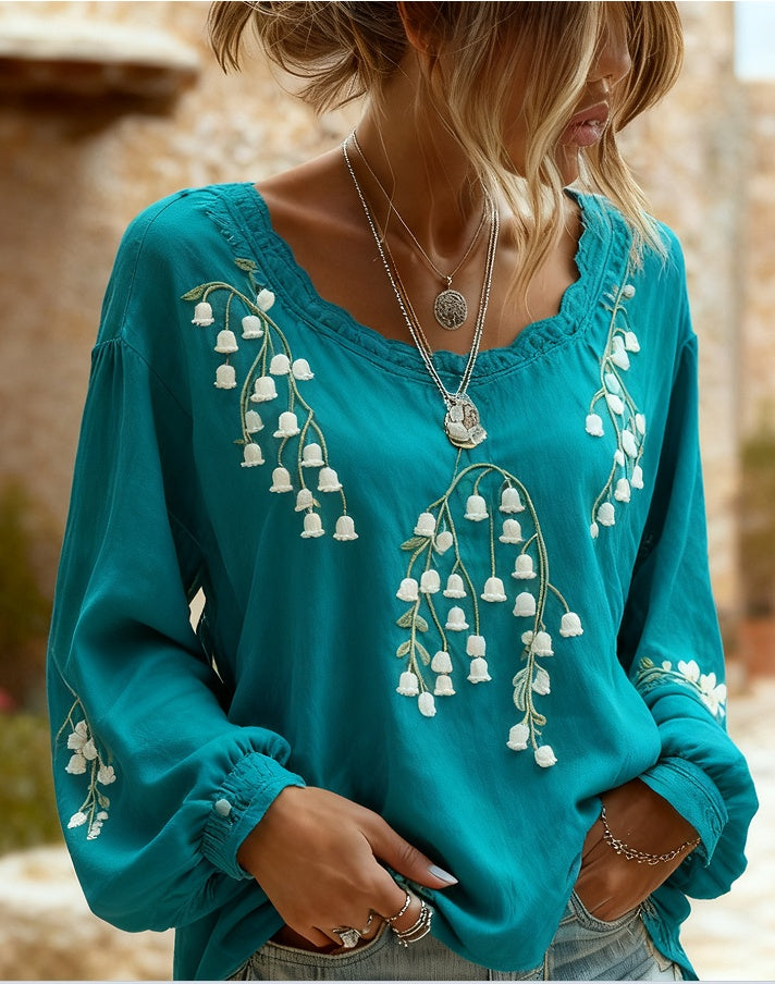 Women's Bohemian Style V-Neck Long Sleeve Shirt - Loose Printed Top