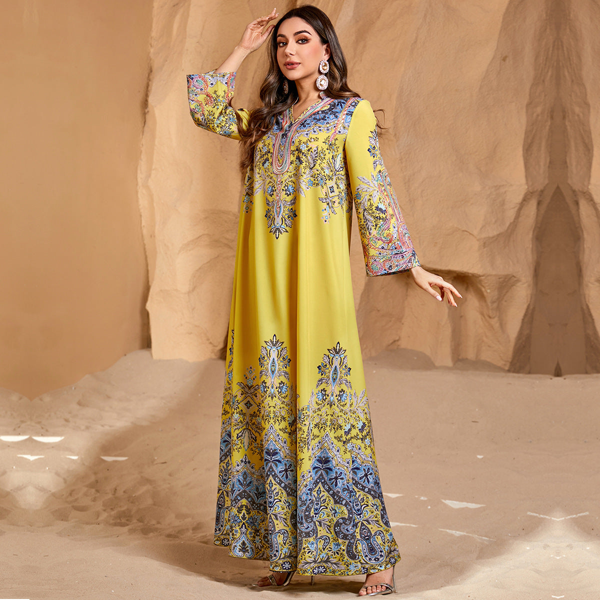 Printed Women's Arabian Casual Abaya Round Neck Loose Dress