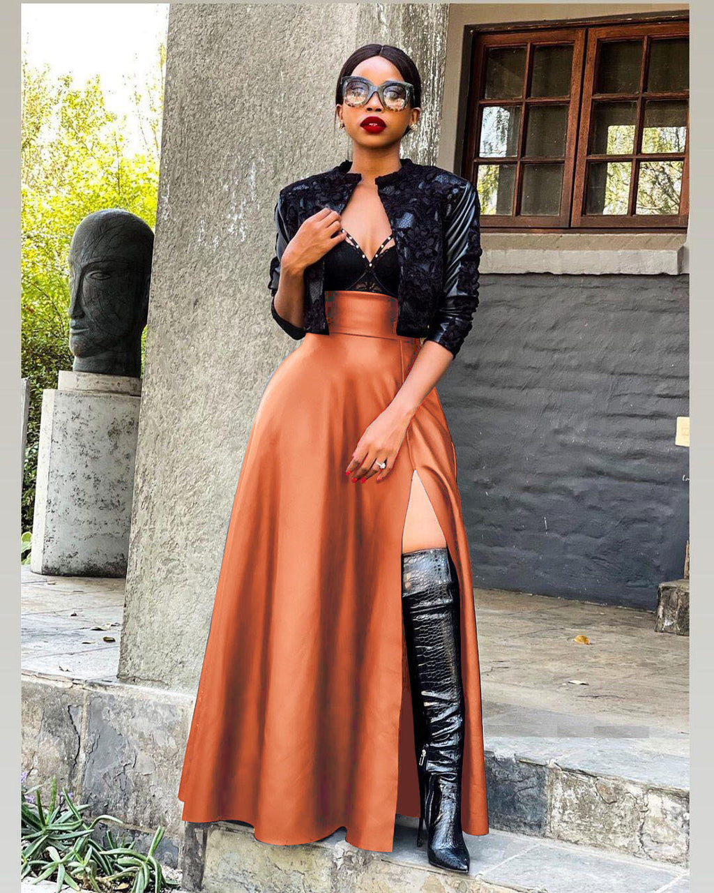 Women's High Waist Irregular Split PU Leather Skirt
