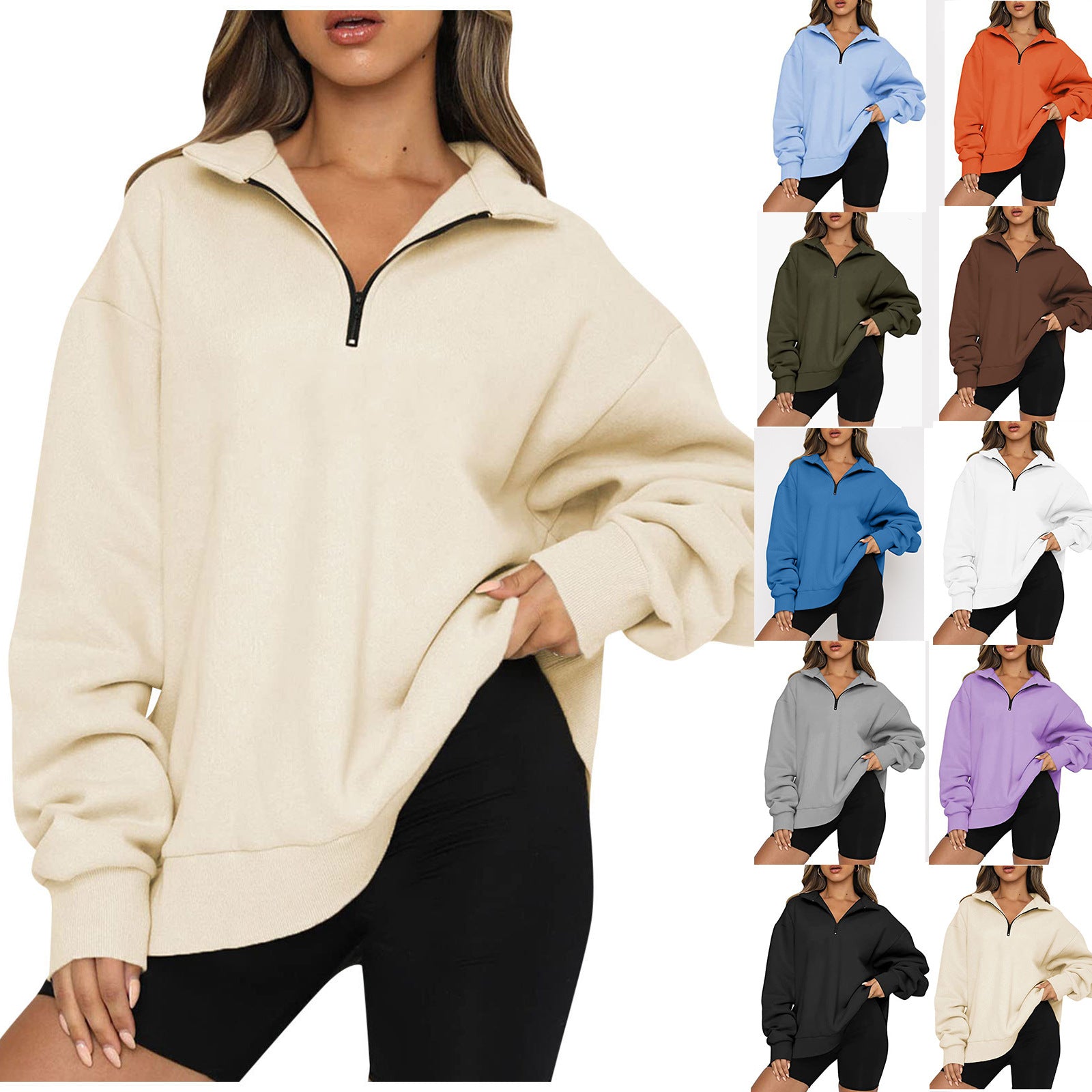 Sweat-shirt zippé femme à col rabattu – Haut pull ample et décontracté