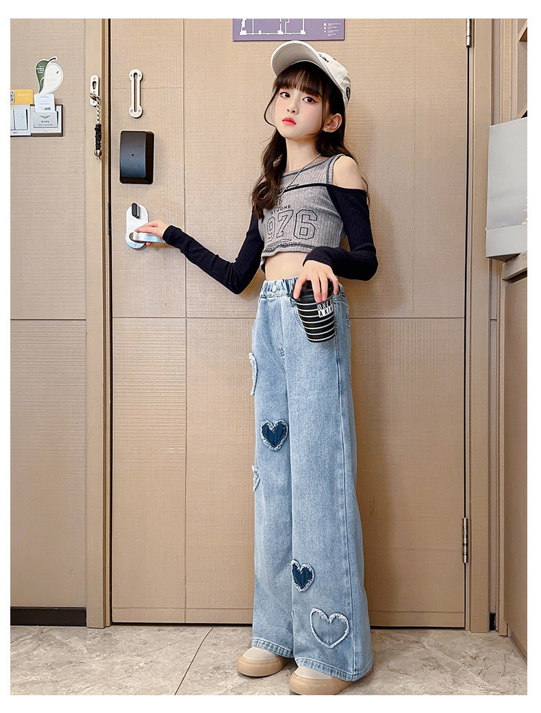 Girls' Blue Raw Edge Denim Wide-Leg Pants