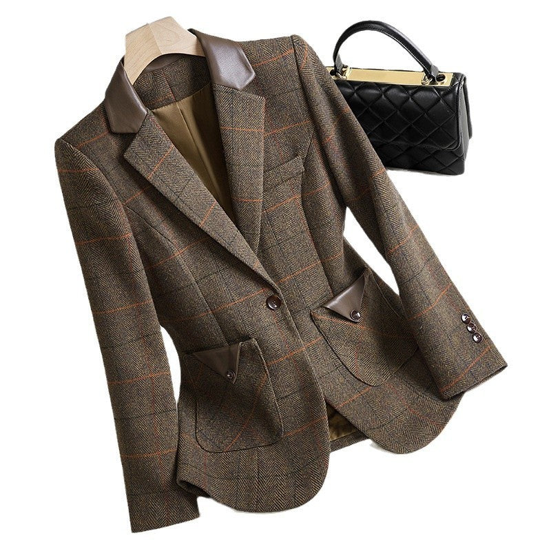 Slim Fit Brown Woolen Plaid Coat for Women