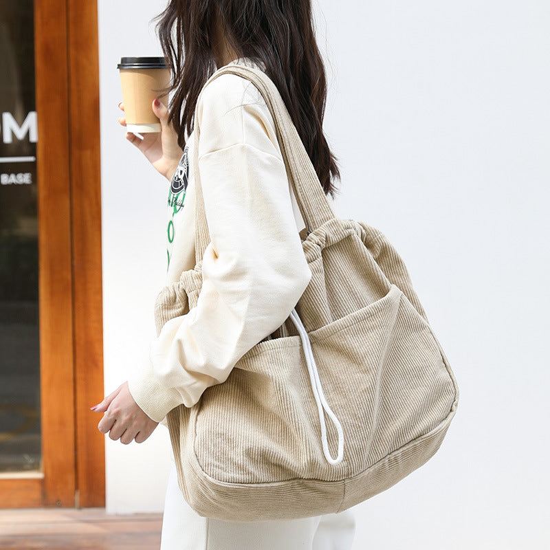 Grand Sac à Main en Velours Côtelé Multi-Poches à Cordon pour Femmes