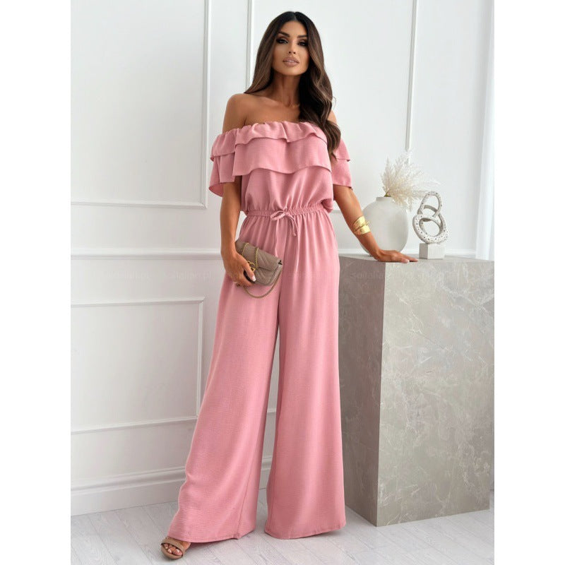 Ruffled Short Sleeves Elastic And Waisted Wide Leg Jumpsuit Trousers