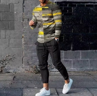 Men's Ethnic Style Printed Long Sleeve Trousers Suit Cotton Blend