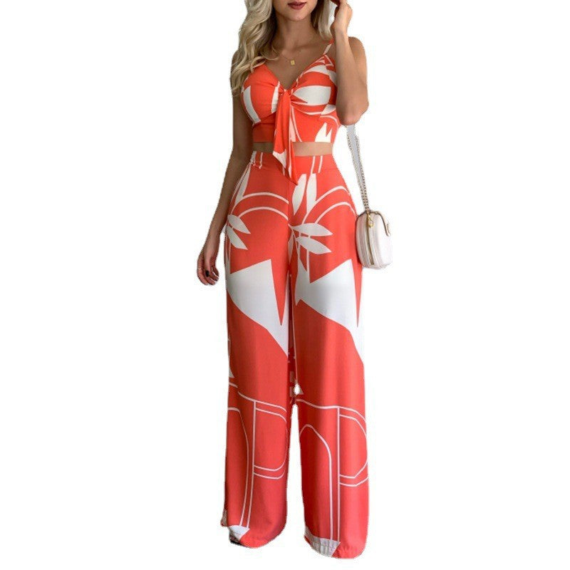 Linen V-Neck Short Vest & High Waist Wide Leg Pants Two-Piece Set