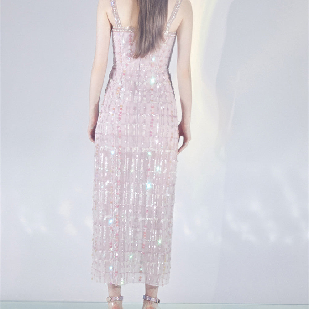 Women's Light Pink Sleeveless Suspender Evening Dress Polyester