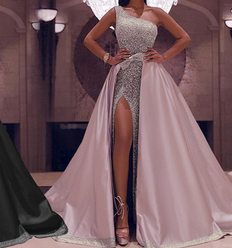 One-Shoulder Evening Dress with Lace in Pink & Black, Sizes S-XXL