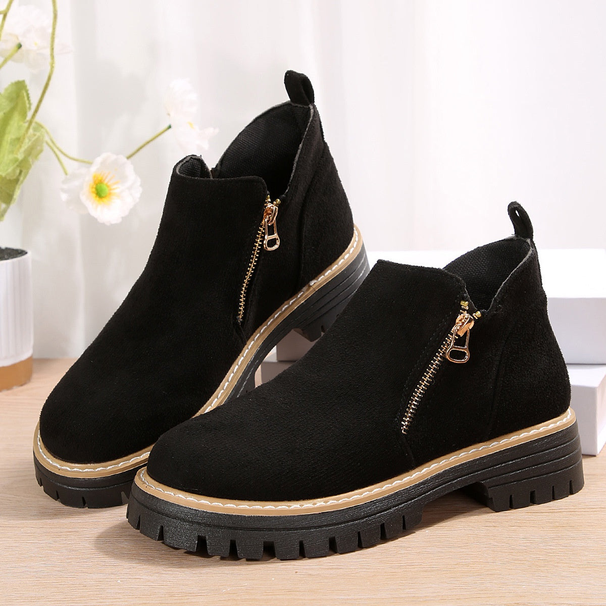 Women’s Suede Chunky Ankle Boots with Side Zipper – Autumn Winter, Mid Heel, Multiple Colors