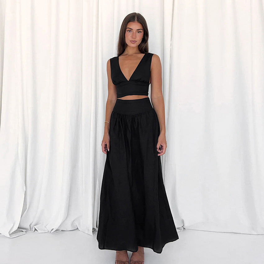 Black Cotton Linen Vest High Waist A-Line Dress Two-Piece Set for Women