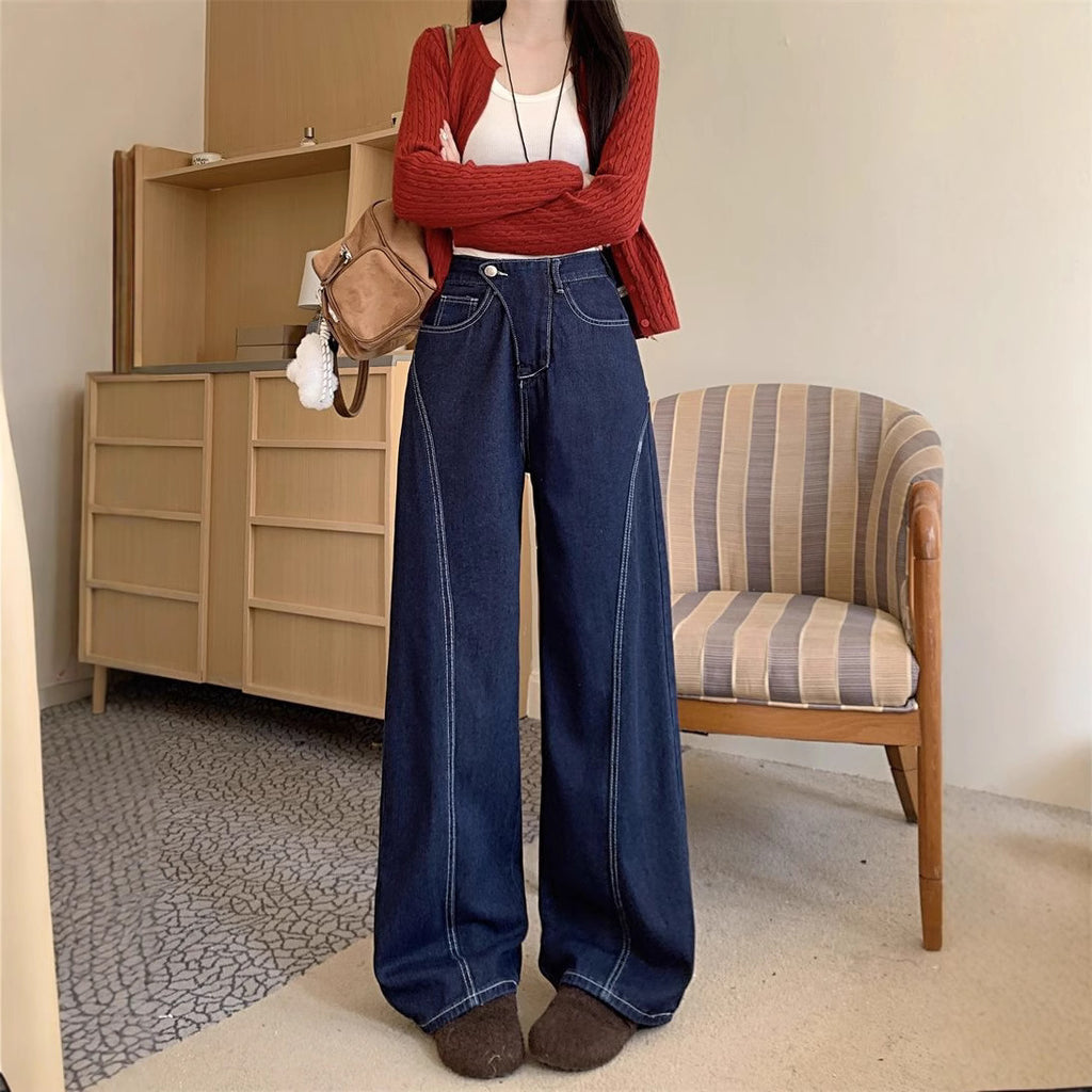 American Retro Dark Blue High Waist Wide Leg Jeans