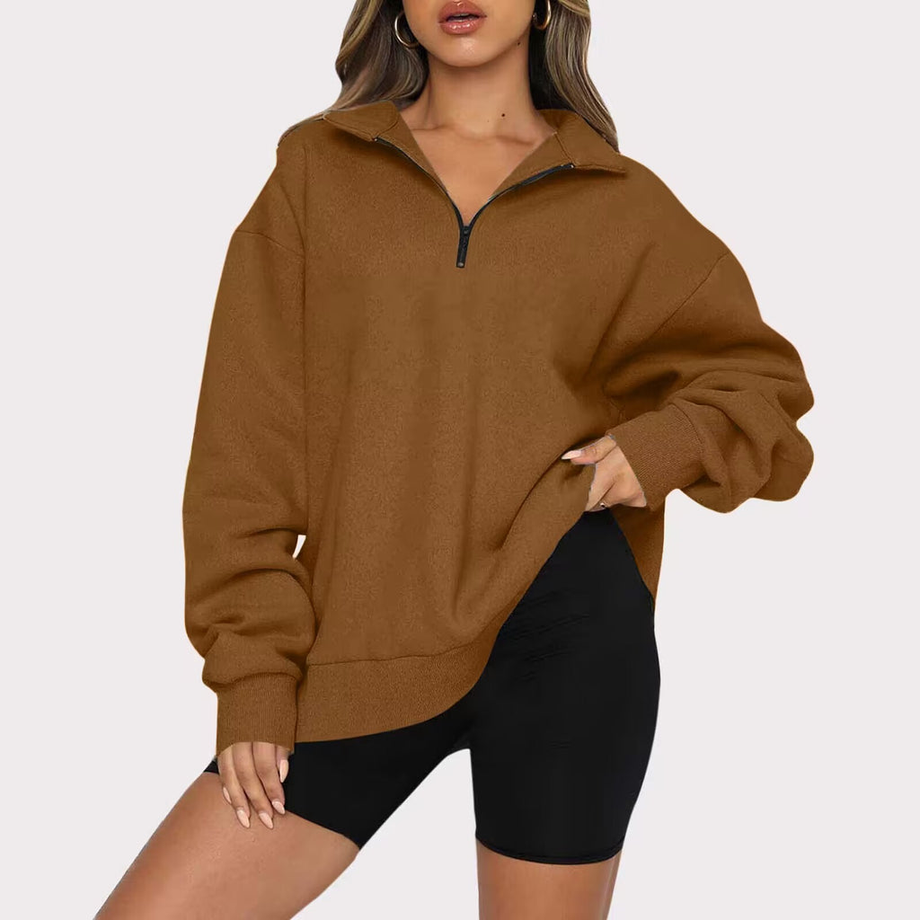 Sweat-shirt zippé femme à col rabattu – Haut pull ample et décontracté