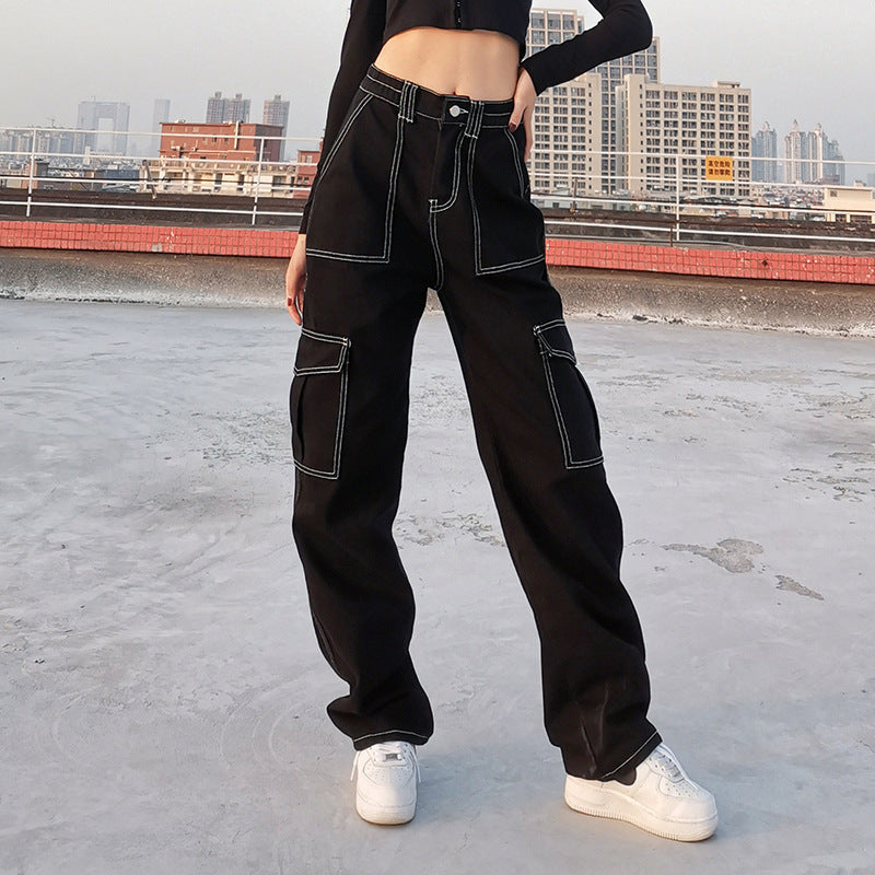 Pantalon droit multi-poches taille haute style workwear